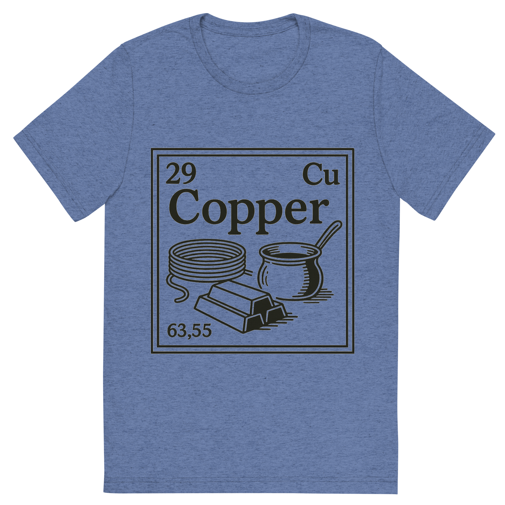 Front view of a Premium Tri-Blend Crew Neck T-Shirt in Blue showing 'A line art, nostalgic graphic of copper's entry on the periodic table, use a dark color for the lines and text'