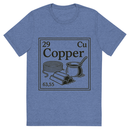 Front view of a Premium Tri-Blend Crew Neck T-Shirt in Blue showing 'A line art, nostalgic graphic of copper's entry on the periodic table, use a dark color for the lines and text'