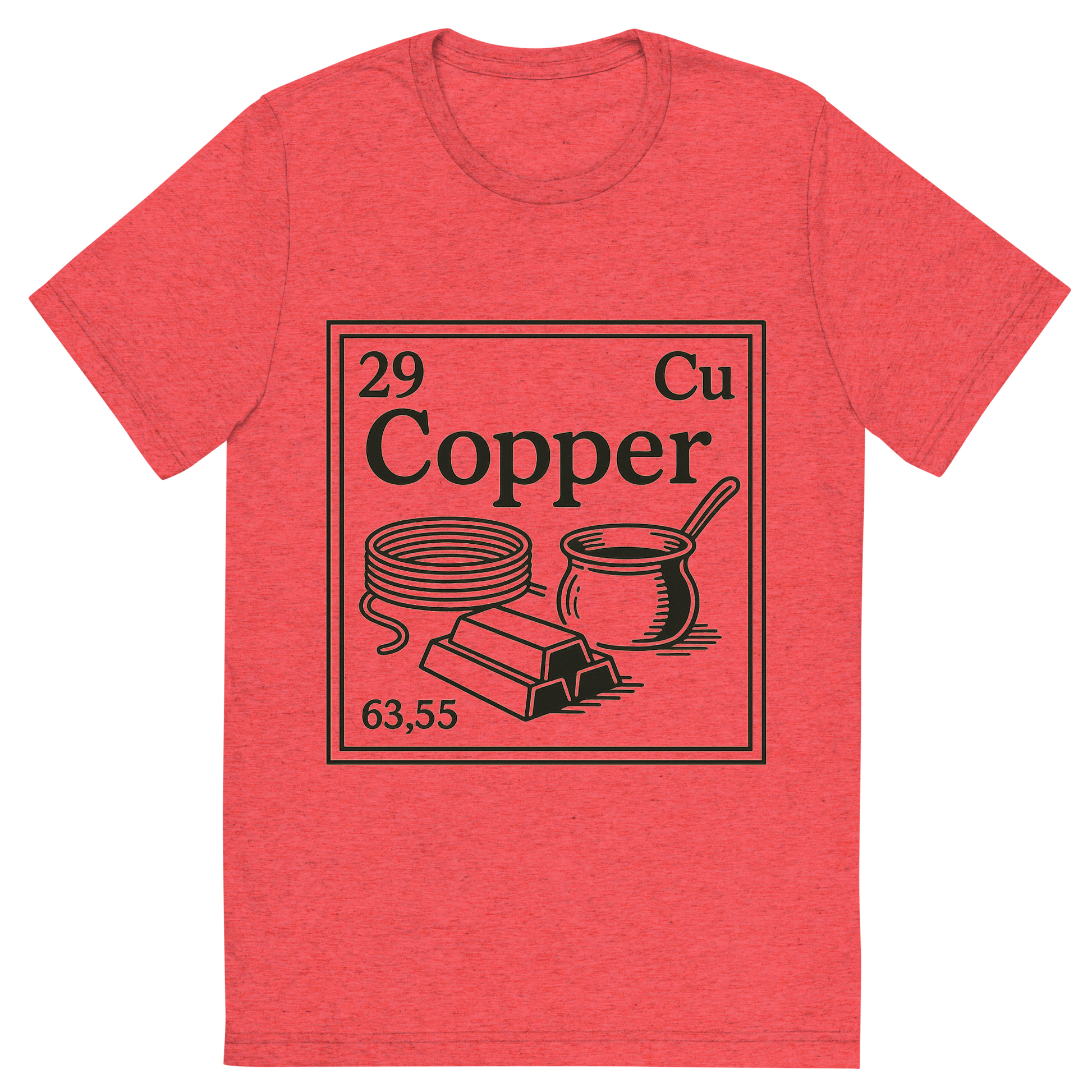 Front view of a Premium Tri-Blend Crew Neck T-Shirt in Red showing 'A line art, nostalgic graphic of copper's entry on the periodic table, use a dark color for the lines and text'