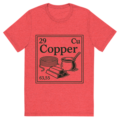 Front view of a Premium Tri-Blend Crew Neck T-Shirt in Red showing 'A line art, nostalgic graphic of copper's entry on the periodic table, use a dark color for the lines and text'
