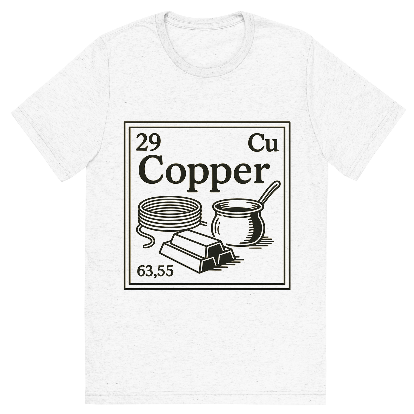 Front view of a Premium Tri-Blend Crew Neck T-Shirt in Solid White showing 'A line art, nostalgic graphic of copper's entry on the periodic table, use a dark color for the lines and text'