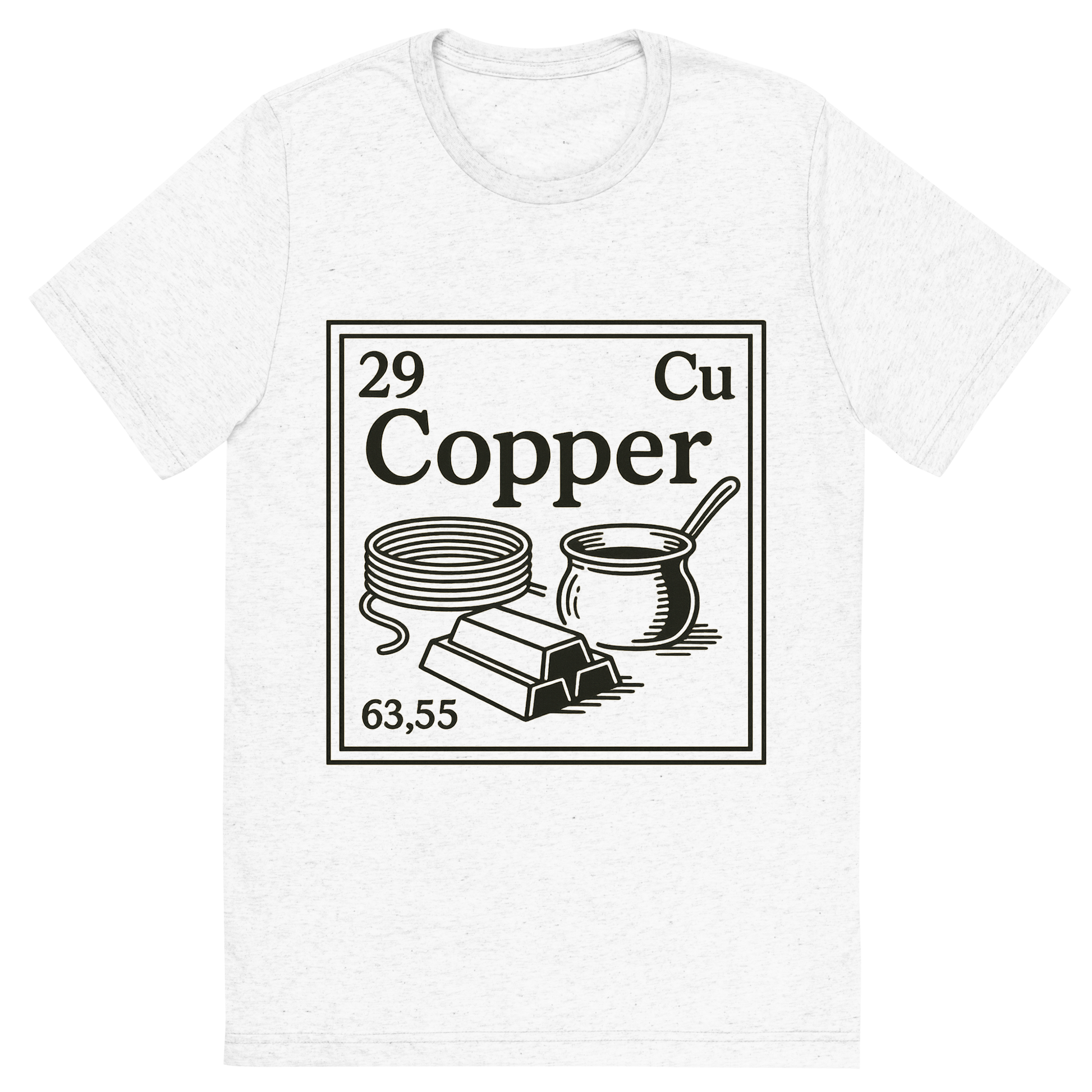 Front view of a Premium Tri-Blend Crew Neck T-Shirt in Solid White showing 'A line art, nostalgic graphic of copper's entry on the periodic table, use a dark color for the lines and text'