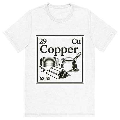 Front view of a Premium Tri-Blend Crew Neck T-Shirt in Solid White showing 'A line art, nostalgic graphic of copper's entry on the periodic table, use a dark color for the lines and text'