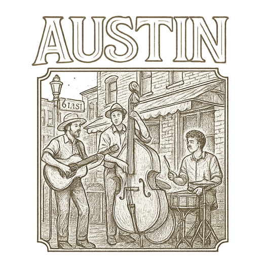 A typographic, nostalgic graphic of a typographic illustration of the words 'austin' with a vintage line art drawing of live music on sixth street – a t-shirt design