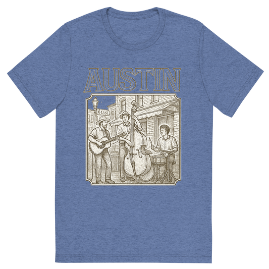 Front view of a Premium Tri-Blend Crew Neck T-Shirt in Blue showing 'A typographic, nostalgic graphic of a typographic illustration of the words 'austin' with a vintage line art drawing of live music on sixth street'