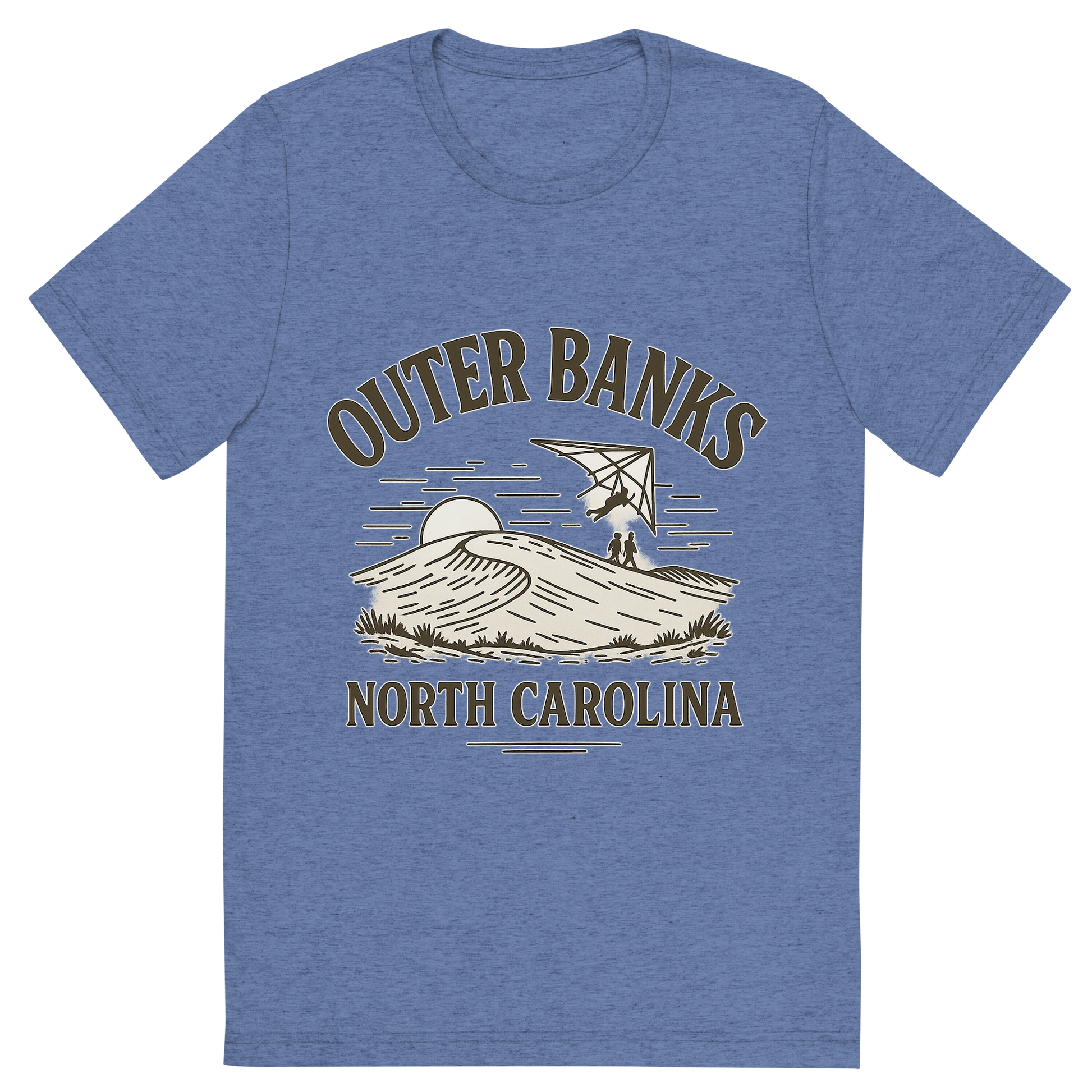 Front view of a Premium Tri-Blend Crew Neck T-Shirt in Blue showing 'A typographic, nostalgic graphic of a typographic illustration of the words 'outer banks, north carolina' with a vintage line art drawing of jockey’s ridge park'