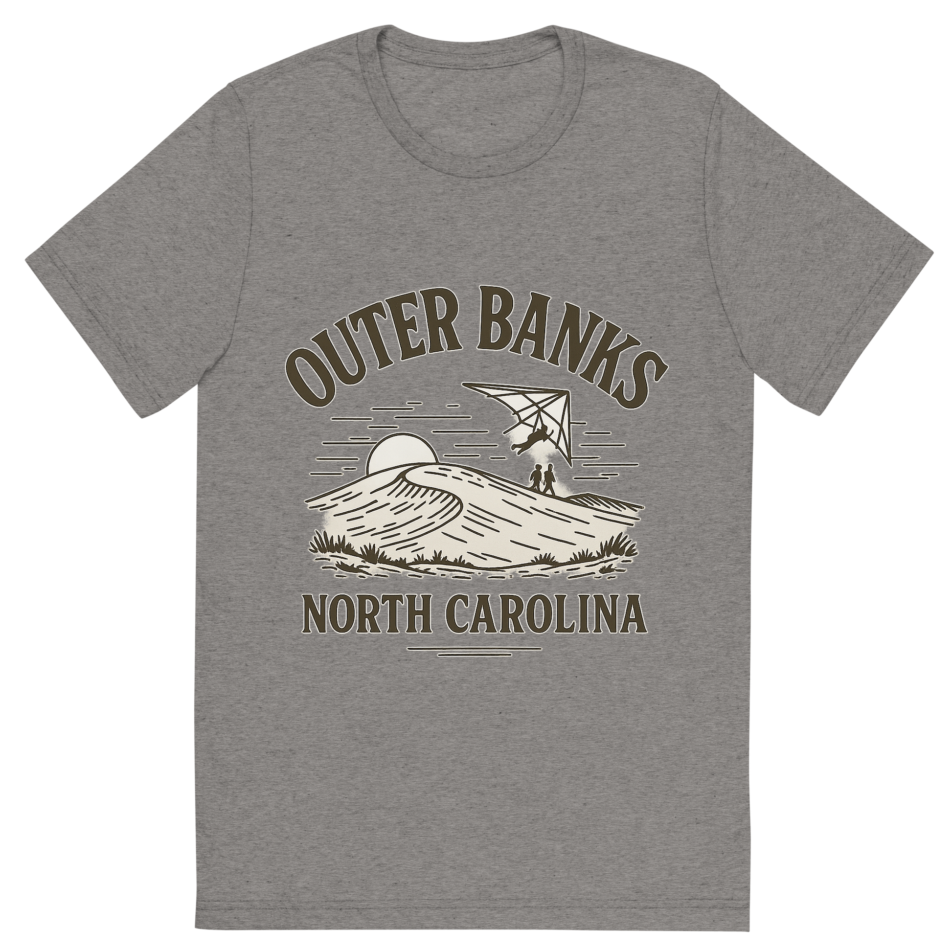 Front view of a Premium Tri-Blend Crew Neck T-Shirt in Grey showing 'A typographic, nostalgic graphic of a typographic illustration of the words 'outer banks, north carolina' with a vintage line art drawing of jockey’s ridge park'