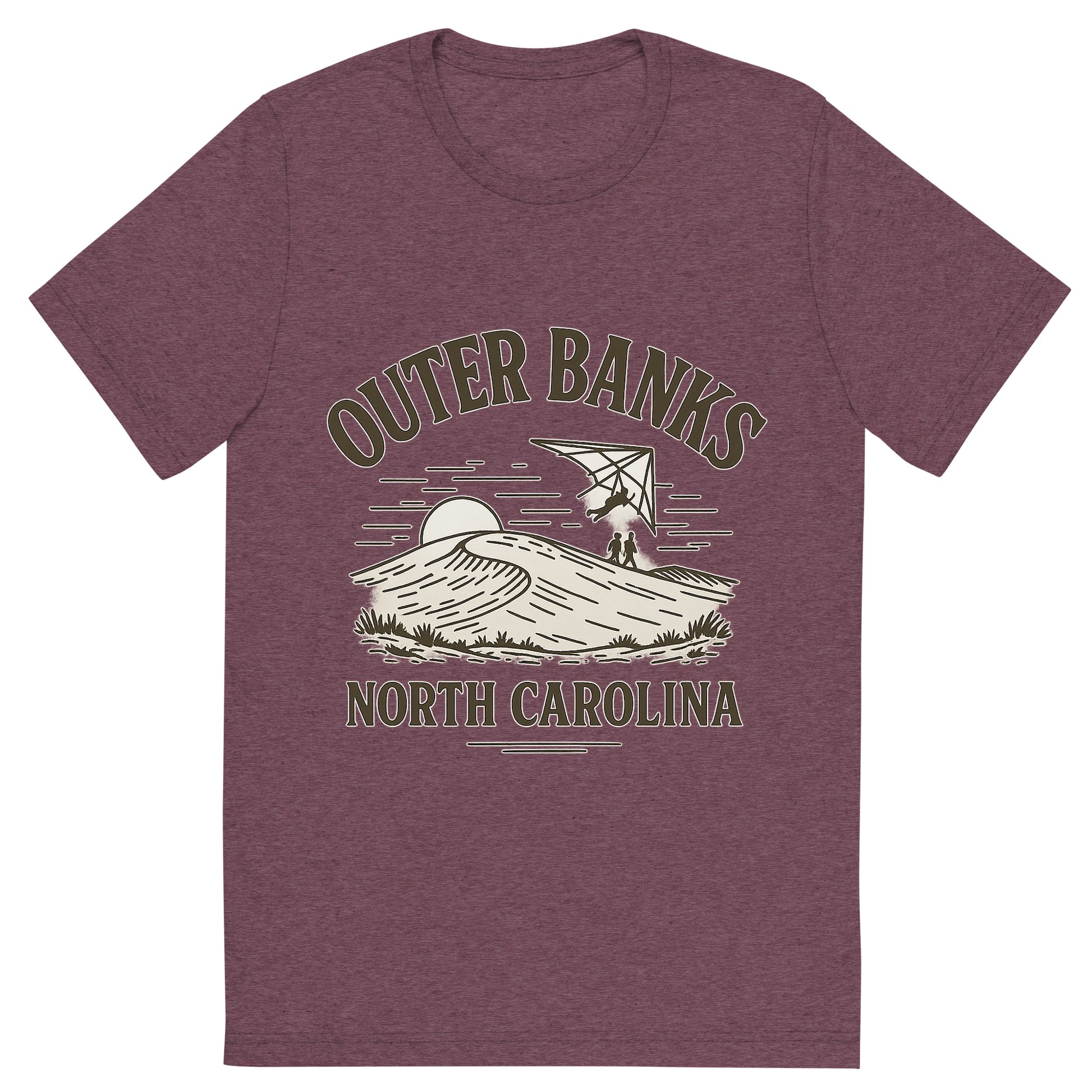 Front view of a Premium Tri-Blend Crew Neck T-Shirt in Maroon showing 'A typographic, nostalgic graphic of a typographic illustration of the words 'outer banks, north carolina' with a vintage line art drawing of jockey’s ridge park'
