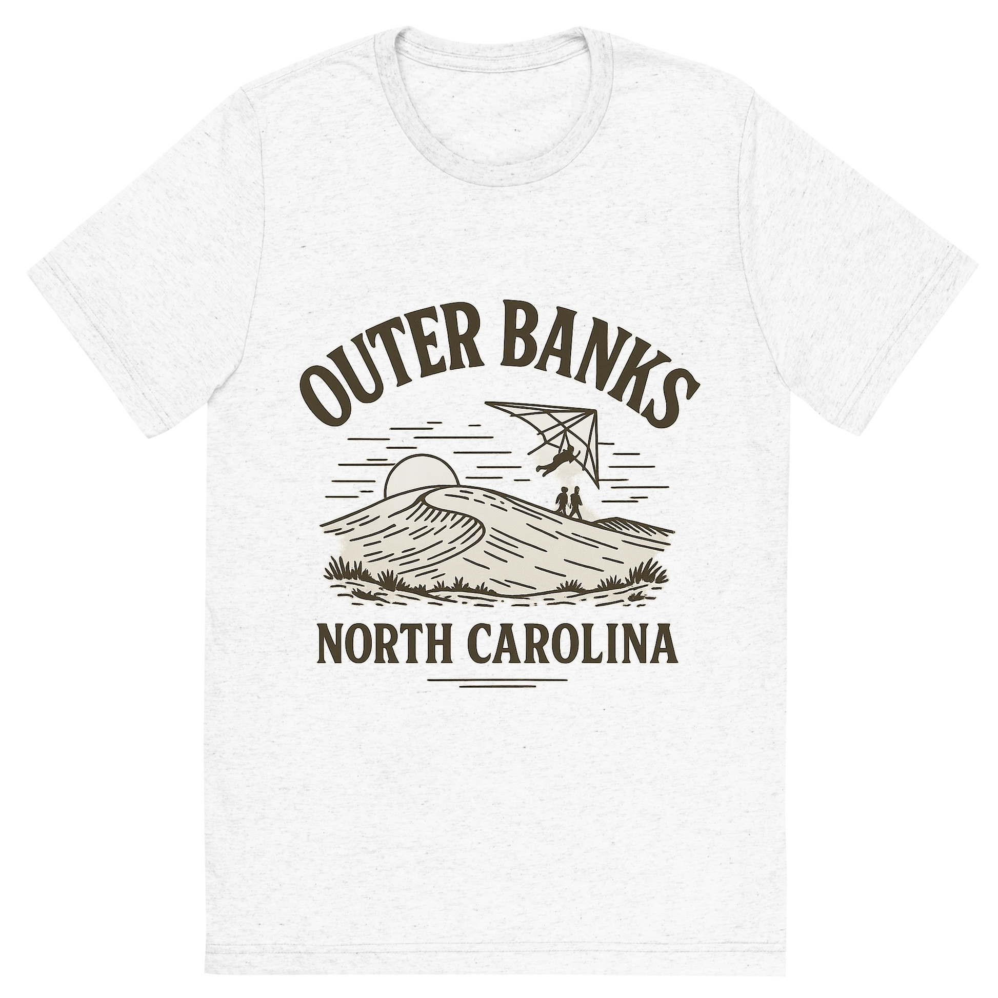 Front view of a Premium Tri-Blend Crew Neck T-Shirt in Solid White showing 'A typographic, nostalgic graphic of a typographic illustration of the words 'outer banks, north carolina' with a vintage line art drawing of jockey’s ridge park'