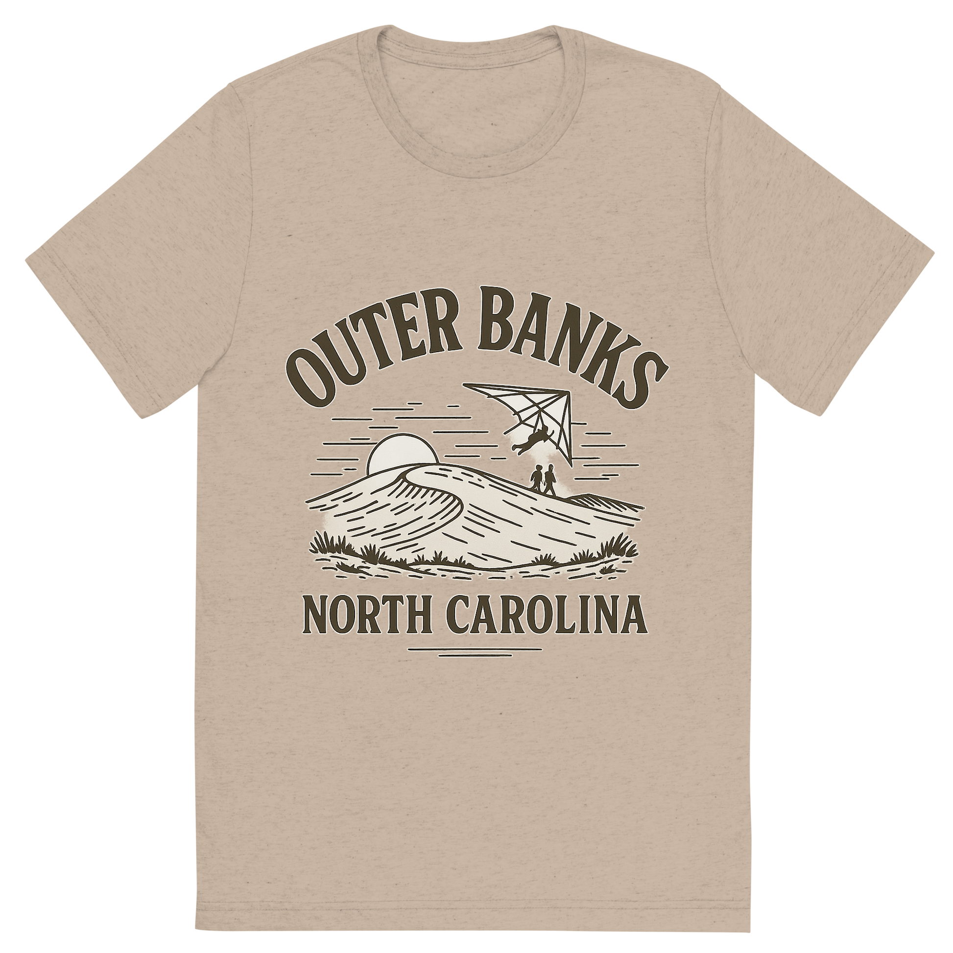Front view of a Premium Tri-Blend Crew Neck T-Shirt in Tan showing 'A typographic, nostalgic graphic of a typographic illustration of the words 'outer banks, north carolina' with a vintage line art drawing of jockey’s ridge park'