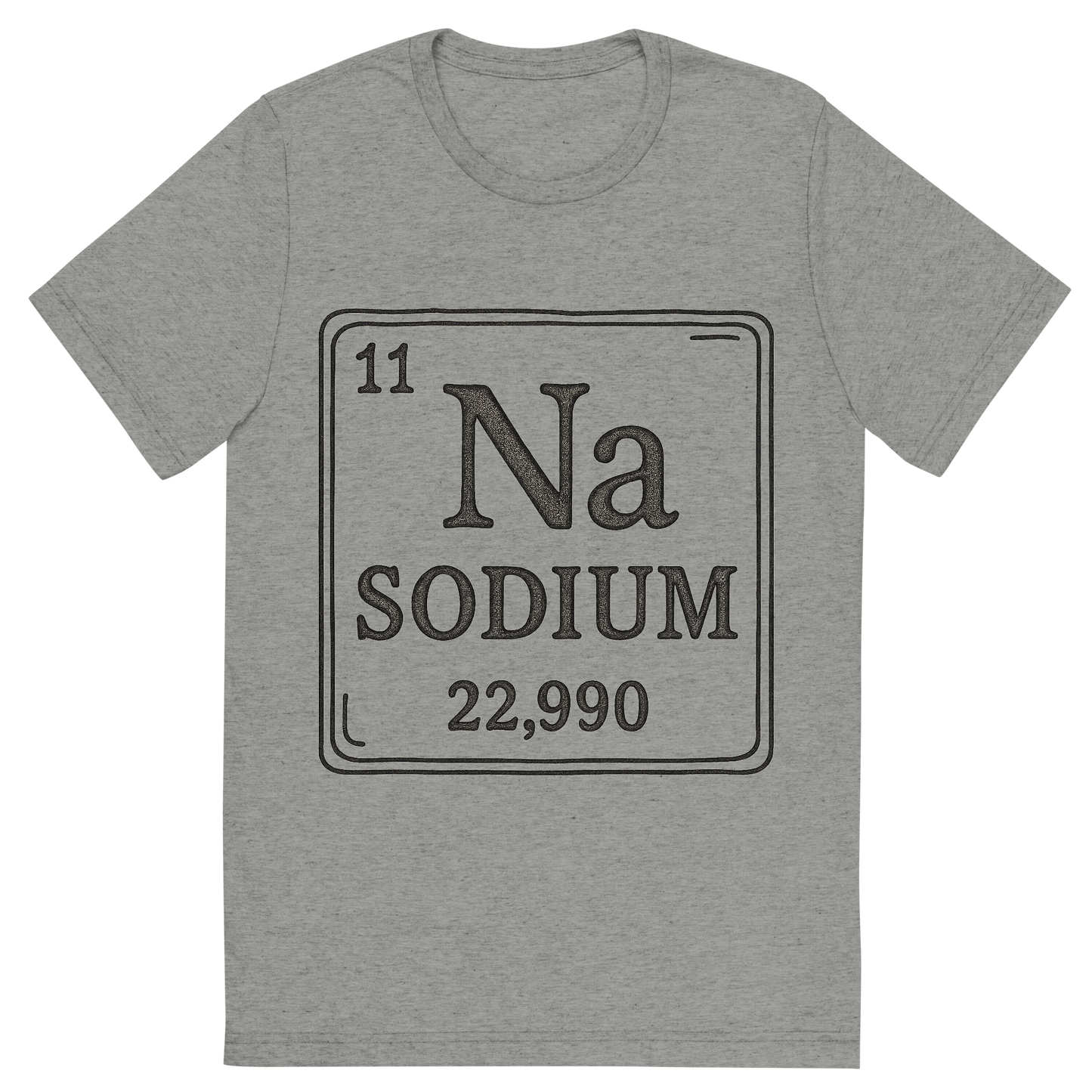 Front view of a Premium Tri-Blend Crew Neck T-Shirt in Athletic Grey showing 'A line art, nostalgic graphic of sodium's entry on the periodic table, use a dark color for the lines and text'