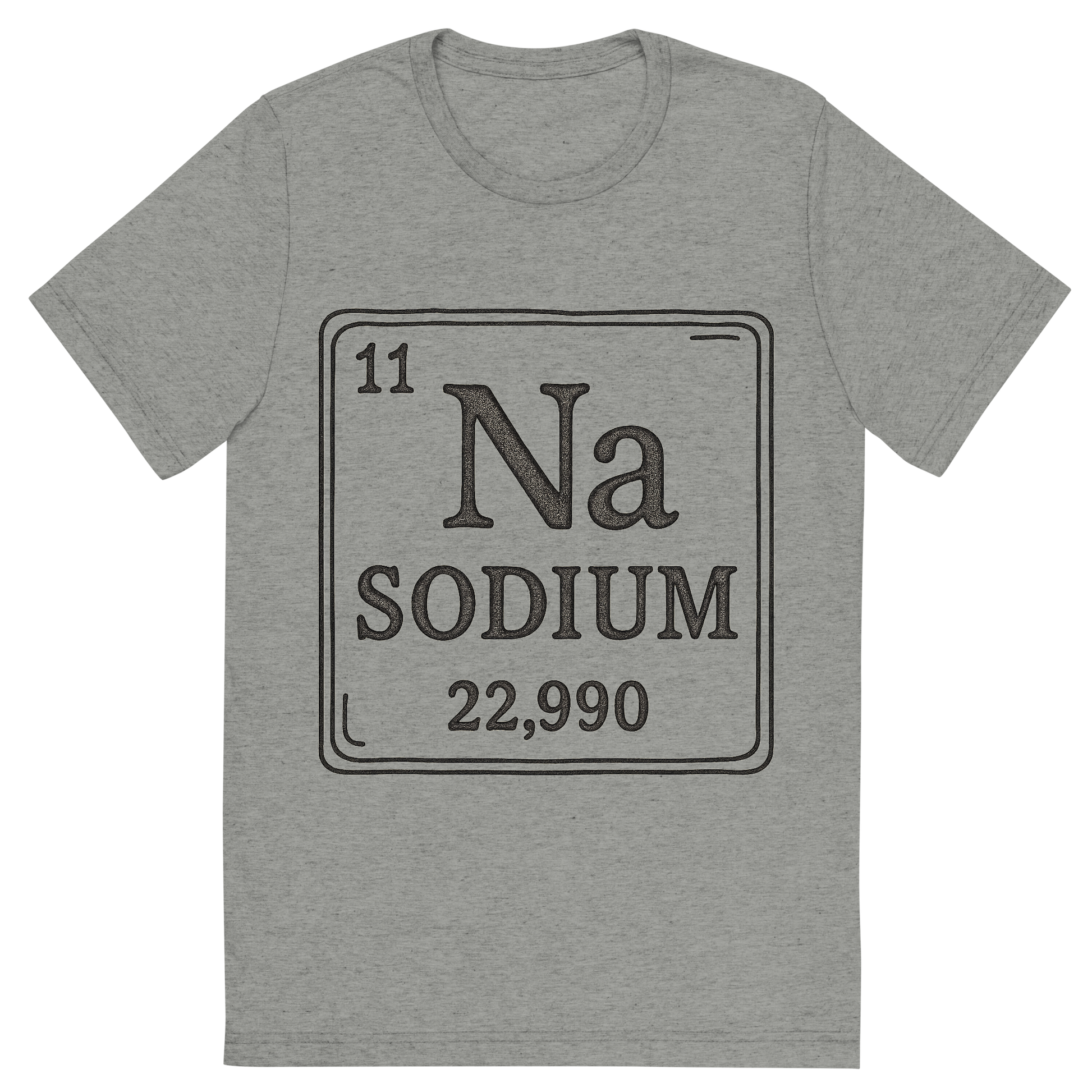 Front view of a Premium Tri-Blend Crew Neck T-Shirt in Athletic Grey showing 'A line art, nostalgic graphic of sodium's entry on the periodic table, use a dark color for the lines and text'