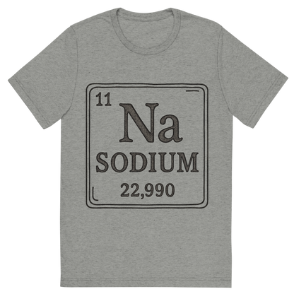 Front view of a Premium Tri-Blend Crew Neck T-Shirt in Athletic Grey showing 'A line art, nostalgic graphic of sodium's entry on the periodic table, use a dark color for the lines and text'