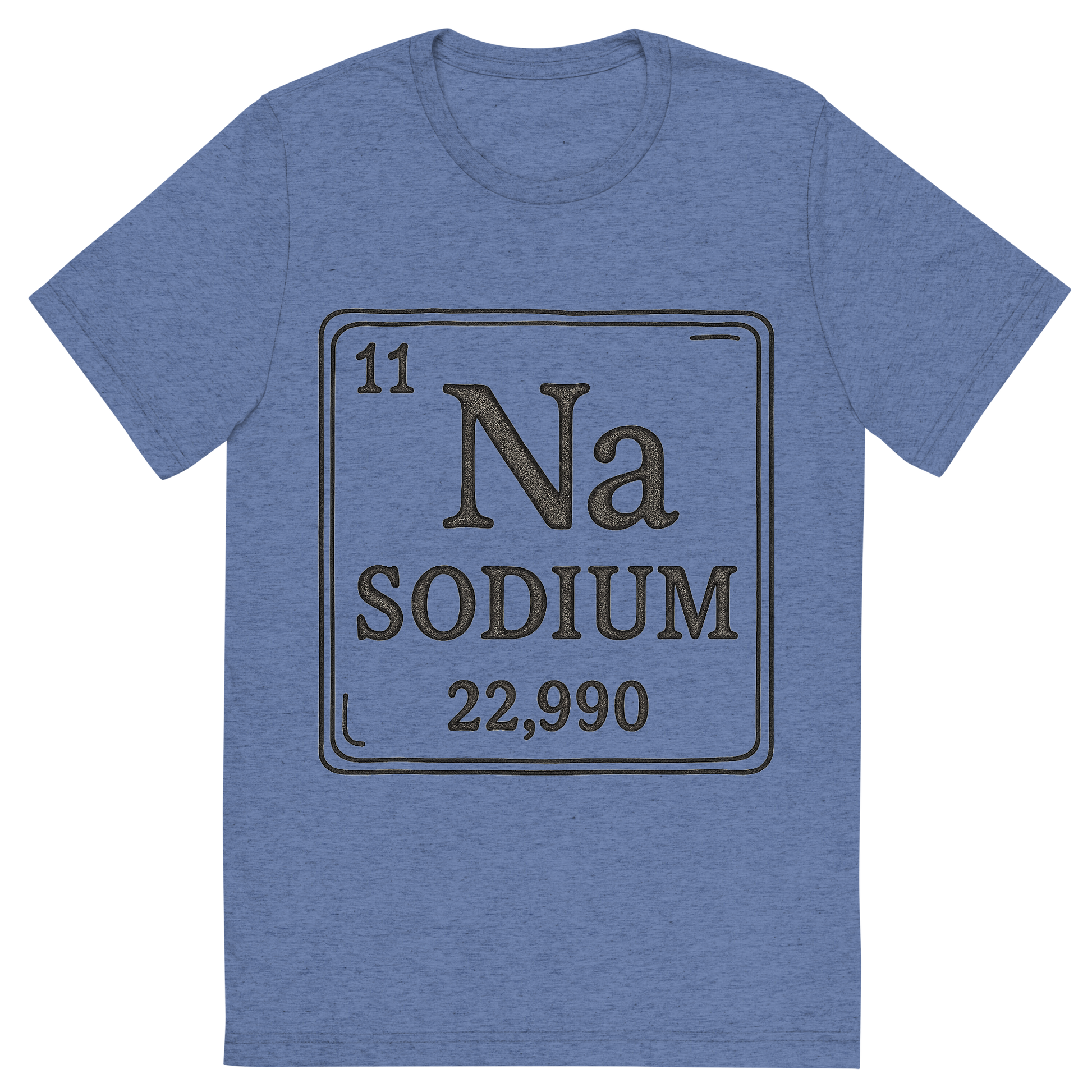 Front view of a Premium Tri-Blend Crew Neck T-Shirt in Blue showing 'A line art, nostalgic graphic of sodium's entry on the periodic table, use a dark color for the lines and text'