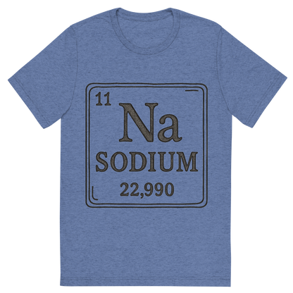 Front view of a Premium Tri-Blend Crew Neck T-Shirt in Blue showing 'A line art, nostalgic graphic of sodium's entry on the periodic table, use a dark color for the lines and text'