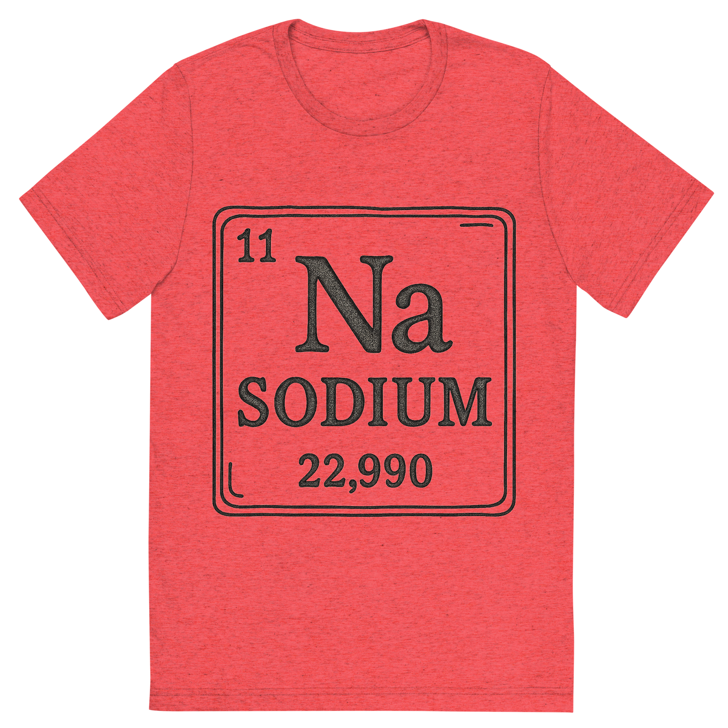 Front view of a Premium Tri-Blend Crew Neck T-Shirt in Red showing 'A line art, nostalgic graphic of sodium's entry on the periodic table, use a dark color for the lines and text'