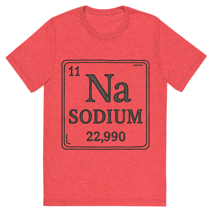 Front view of a Premium Tri-Blend Crew Neck T-Shirt in Red showing 'A line art, nostalgic graphic of sodium's entry on the periodic table, use a dark color for the lines and text'