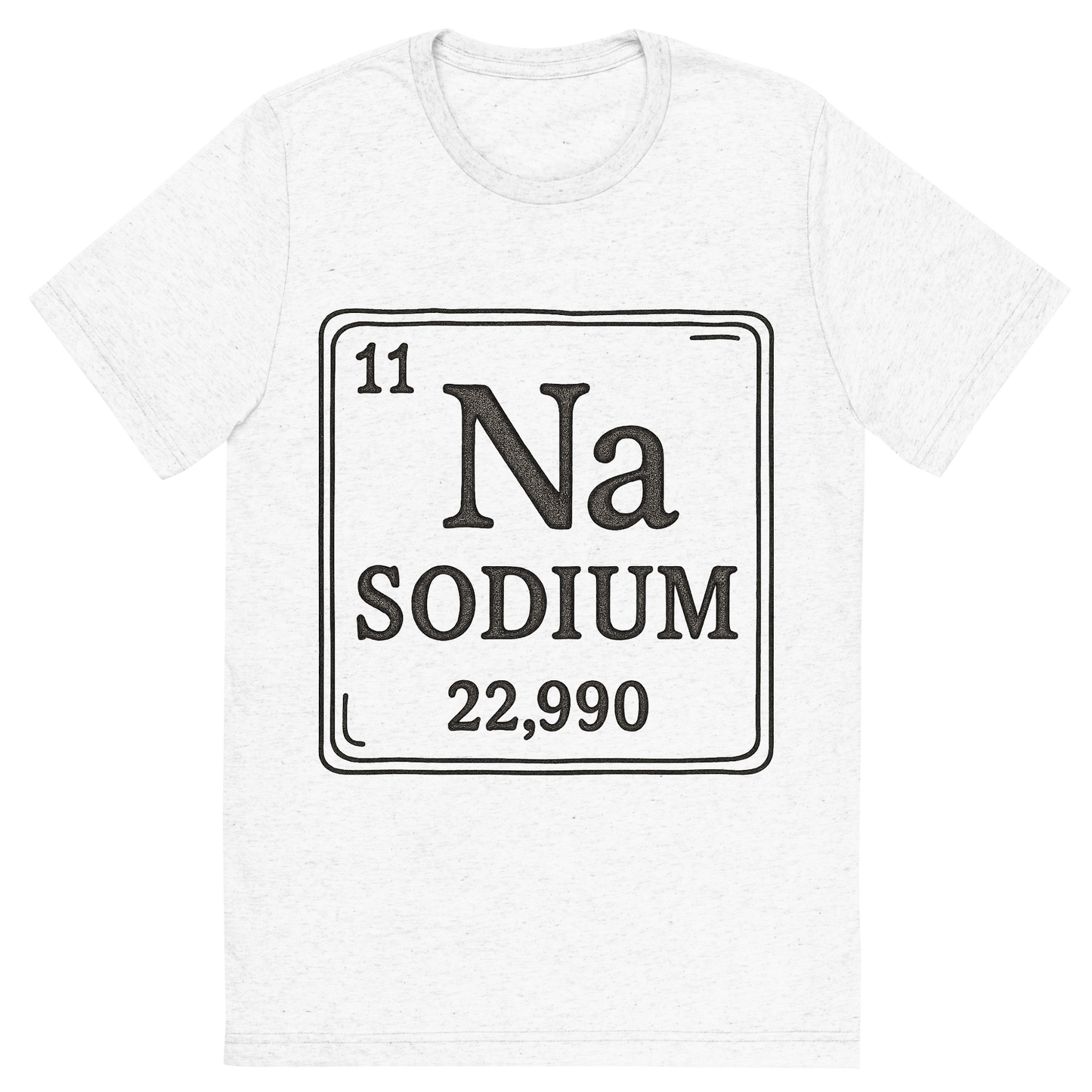Front view of a Premium Tri-Blend Crew Neck T-Shirt in Solid White showing 'A line art, nostalgic graphic of sodium's entry on the periodic table, use a dark color for the lines and text'
