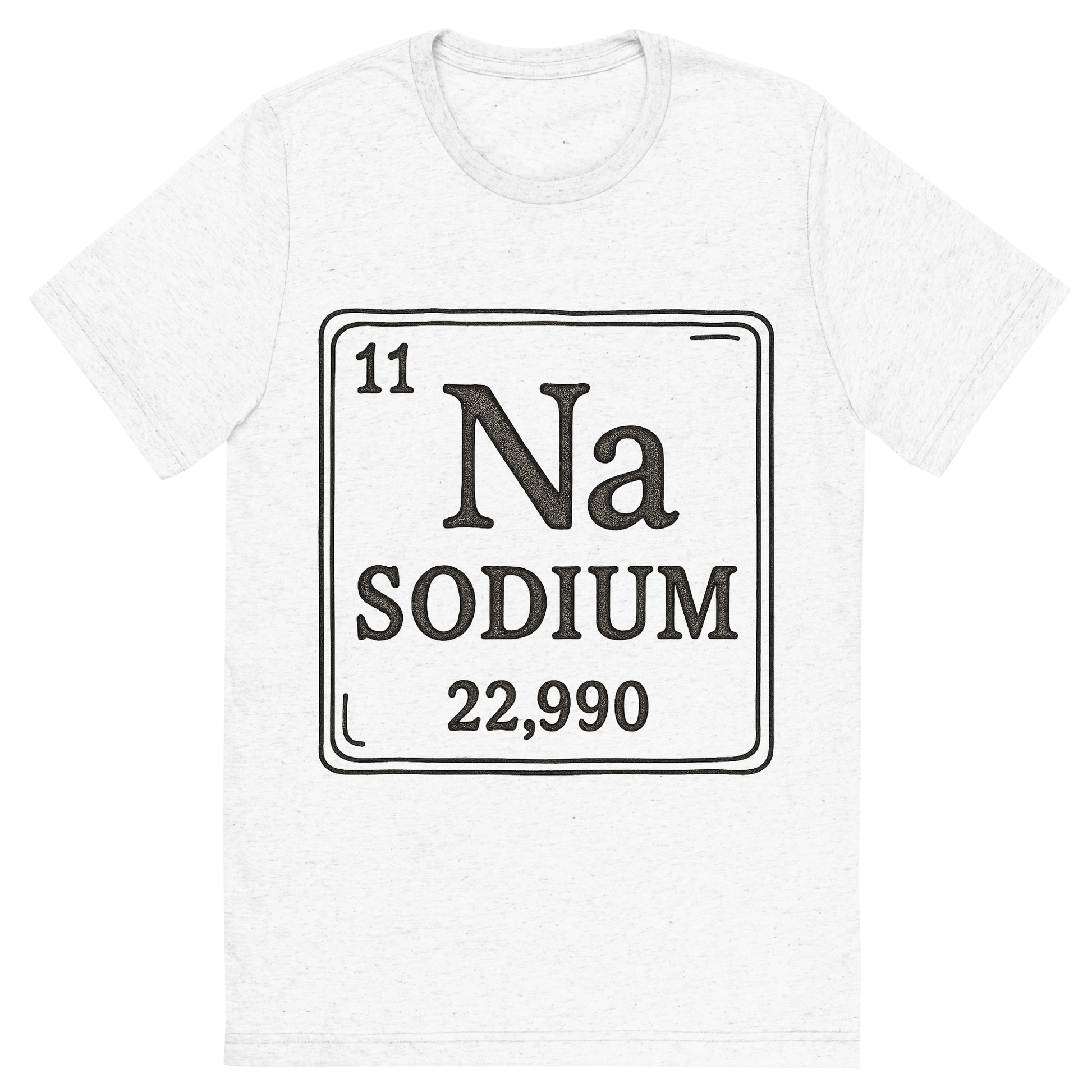 Front view of a Premium Tri-Blend Crew Neck T-Shirt in Solid White showing 'A line art, nostalgic graphic of sodium's entry on the periodic table, use a dark color for the lines and text'
