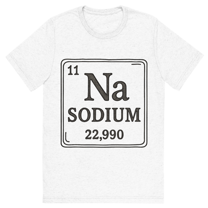 Front view of a Premium Tri-Blend Crew Neck T-Shirt in Solid White showing 'A line art, nostalgic graphic of sodium's entry on the periodic table, use a dark color for the lines and text'