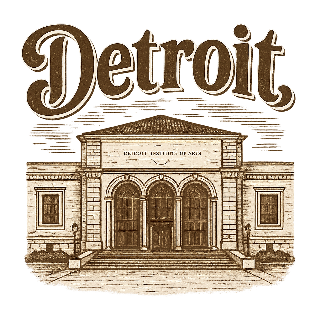 A typographic, nostalgic graphic of a typographic illustration of the words 'detroit' with a vintage line art drawing of the detroit institute of arts – a t-shirt design