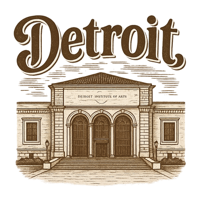 A typographic, nostalgic graphic of a typographic illustration of the words 'detroit' with a vintage line art drawing of the detroit institute of arts – a t-shirt design
