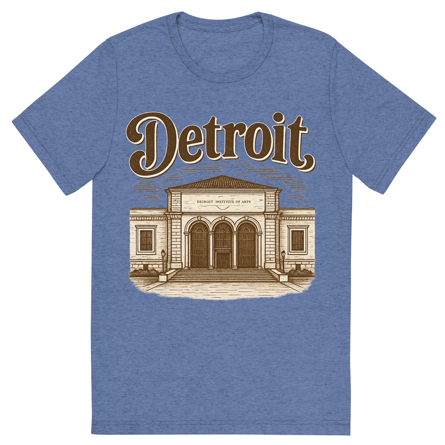 Front view of a Premium Tri-Blend Crew Neck T-Shirt in Blue showing 'A typographic, nostalgic graphic of a typographic illustration of the words 'detroit' with a vintage line art drawing of the detroit institute of arts'