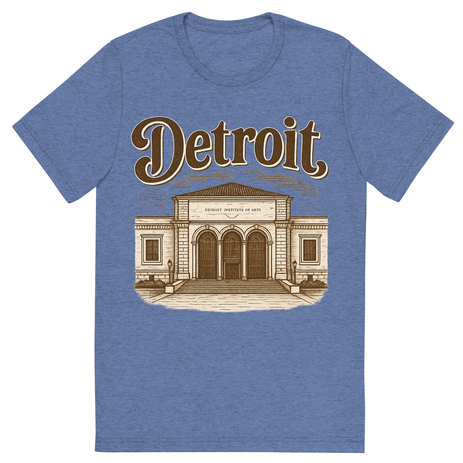 Front view of a Premium Tri-Blend Crew Neck T-Shirt in Blue showing 'A typographic, nostalgic graphic of a typographic illustration of the words 'detroit' with a vintage line art drawing of the detroit institute of arts'
