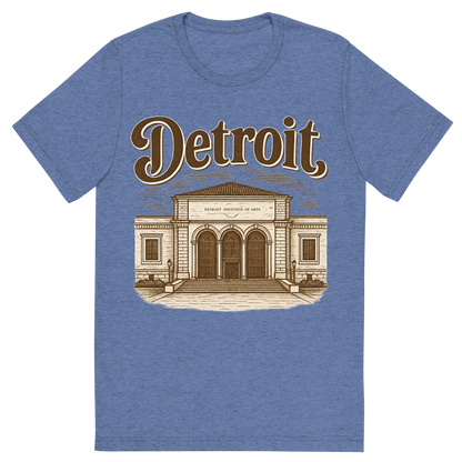 Front view of a Premium Tri-Blend Crew Neck T-Shirt in Blue showing 'A typographic, nostalgic graphic of a typographic illustration of the words 'detroit' with a vintage line art drawing of the detroit institute of arts'