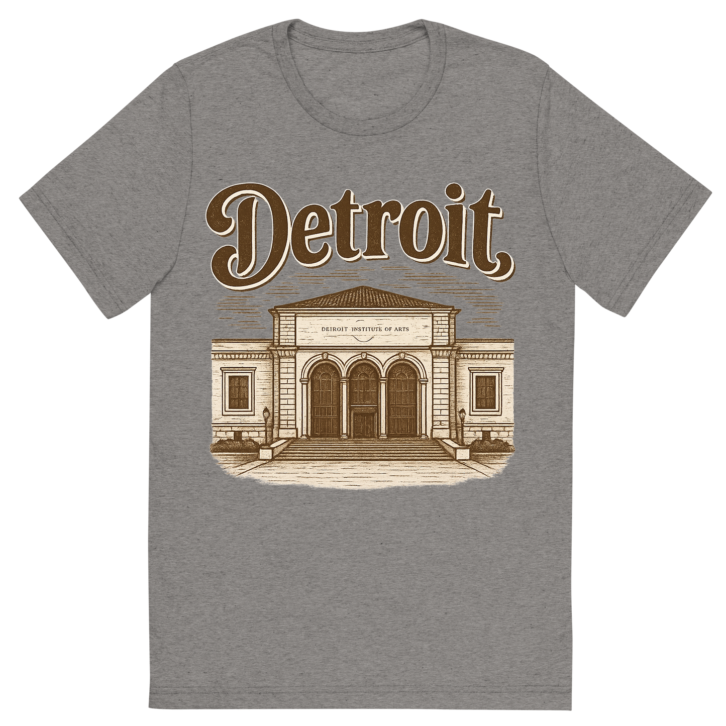 Front view of a Premium Tri-Blend Crew Neck T-Shirt in Grey showing 'A typographic, nostalgic graphic of a typographic illustration of the words 'detroit' with a vintage line art drawing of the detroit institute of arts'