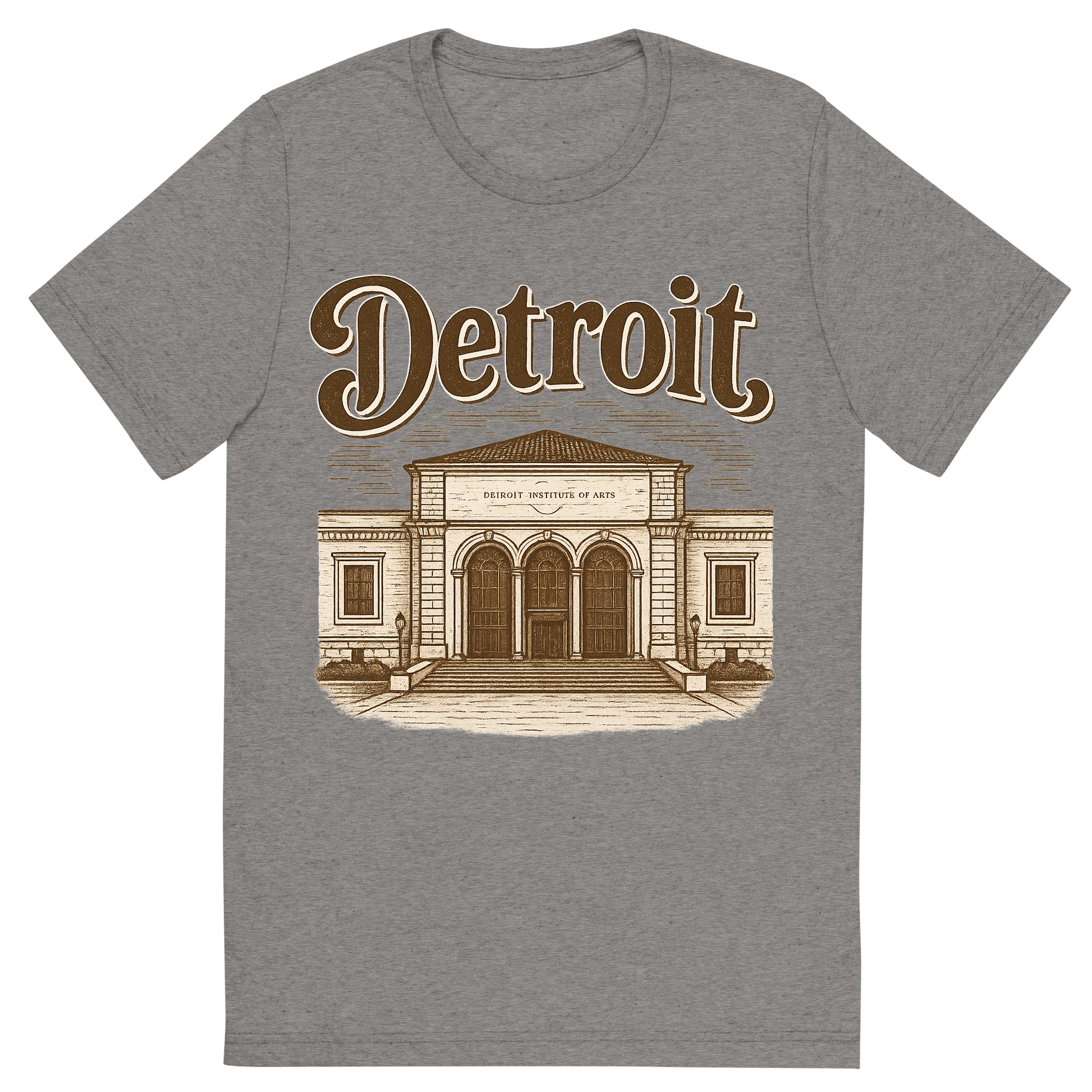 Front view of a Premium Tri-Blend Crew Neck T-Shirt in Grey showing 'A typographic, nostalgic graphic of a typographic illustration of the words 'detroit' with a vintage line art drawing of the detroit institute of arts'