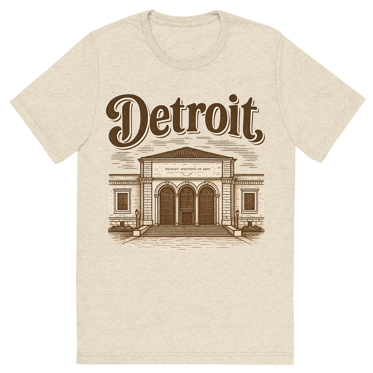 Front view of a Premium Tri-Blend Crew Neck T-Shirt in Oatmeal showing 'A typographic, nostalgic graphic of a typographic illustration of the words 'detroit' with a vintage line art drawing of the detroit institute of arts'