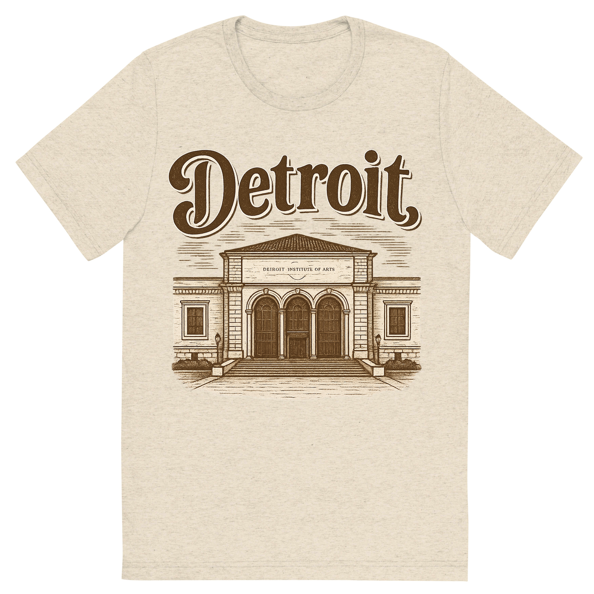 Front view of a Premium Tri-Blend Crew Neck T-Shirt in Oatmeal showing 'A typographic, nostalgic graphic of a typographic illustration of the words 'detroit' with a vintage line art drawing of the detroit institute of arts'