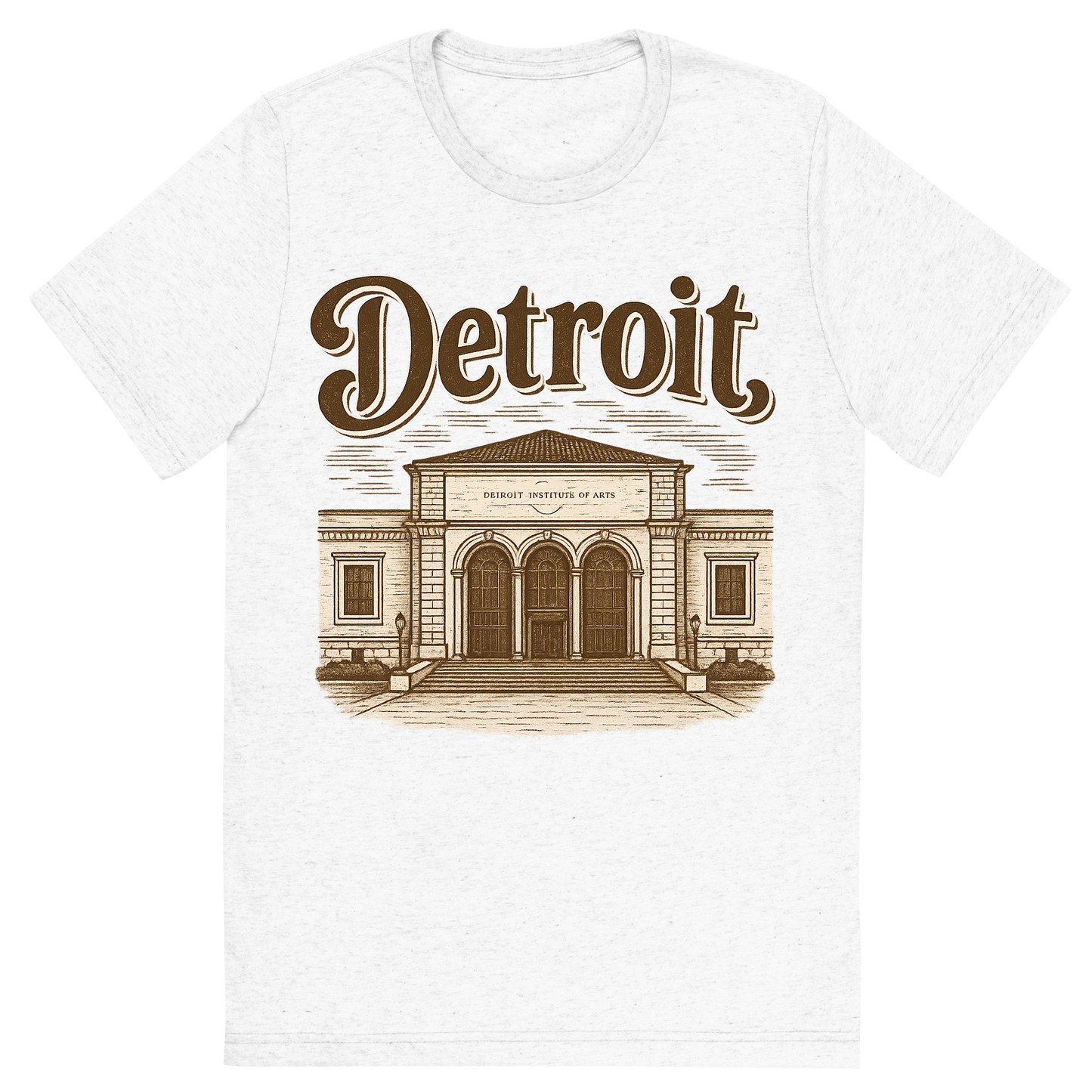 Front view of a Premium Tri-Blend Crew Neck T-Shirt in Solid White showing 'A typographic, nostalgic graphic of a typographic illustration of the words 'detroit' with a vintage line art drawing of the detroit institute of arts'