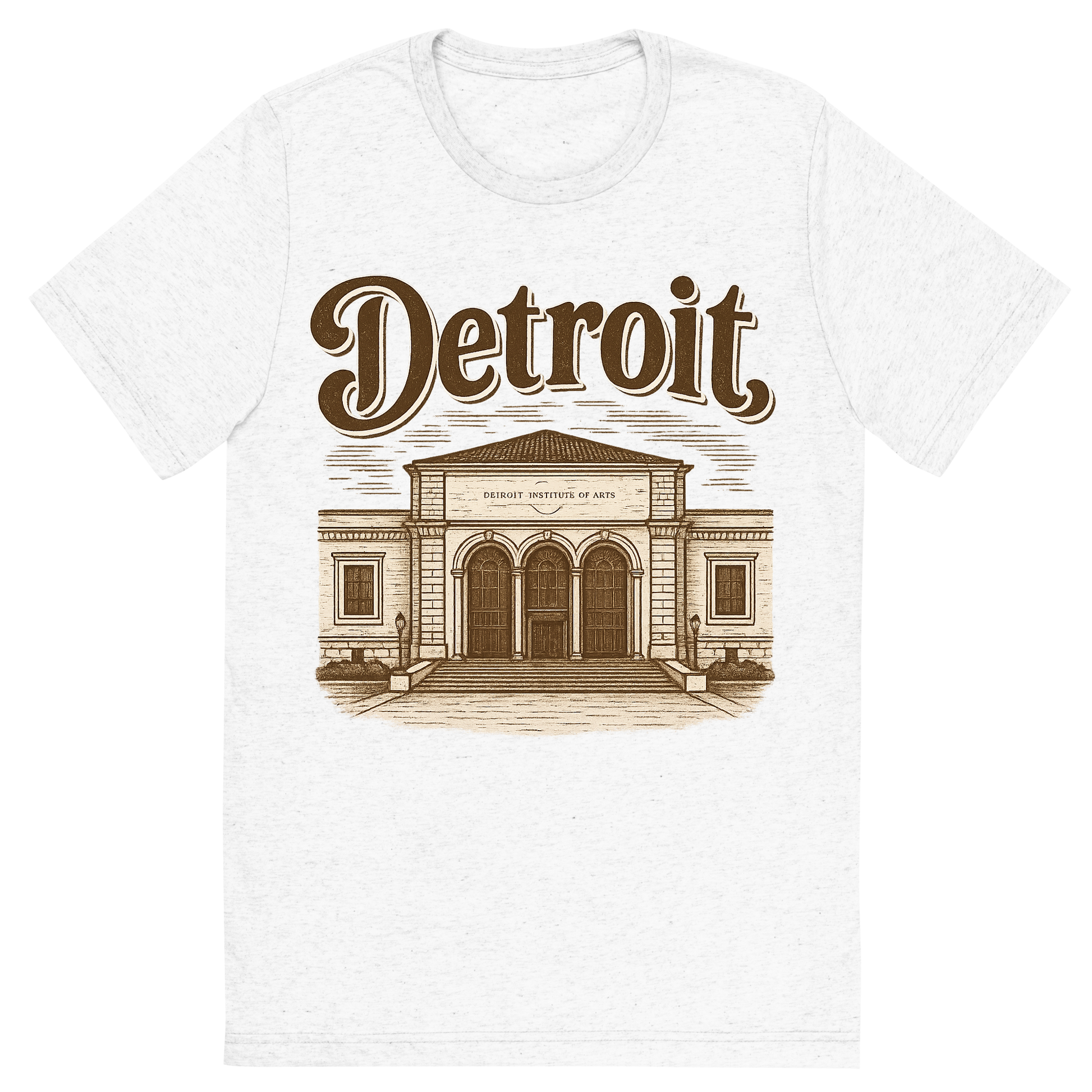 Front view of a Premium Tri-Blend Crew Neck T-Shirt in Solid White showing 'A typographic, nostalgic graphic of a typographic illustration of the words 'detroit' with a vintage line art drawing of the detroit institute of arts'