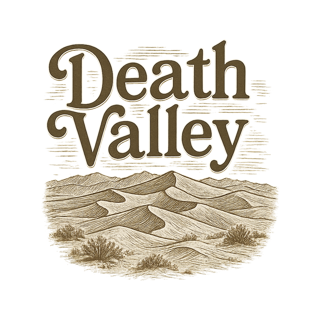 A typographic, nostalgic graphic of a typographic illustration of the words 'death valley' with a vintage line art drawing of the mesquite flat sand dunes – a t-shirt design