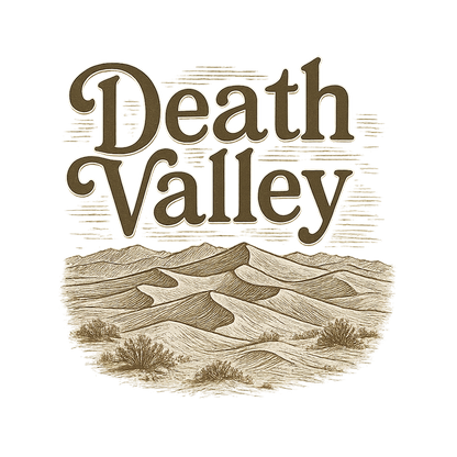 A typographic, nostalgic graphic of a typographic illustration of the words 'death valley' with a vintage line art drawing of the mesquite flat sand dunes – a t-shirt design