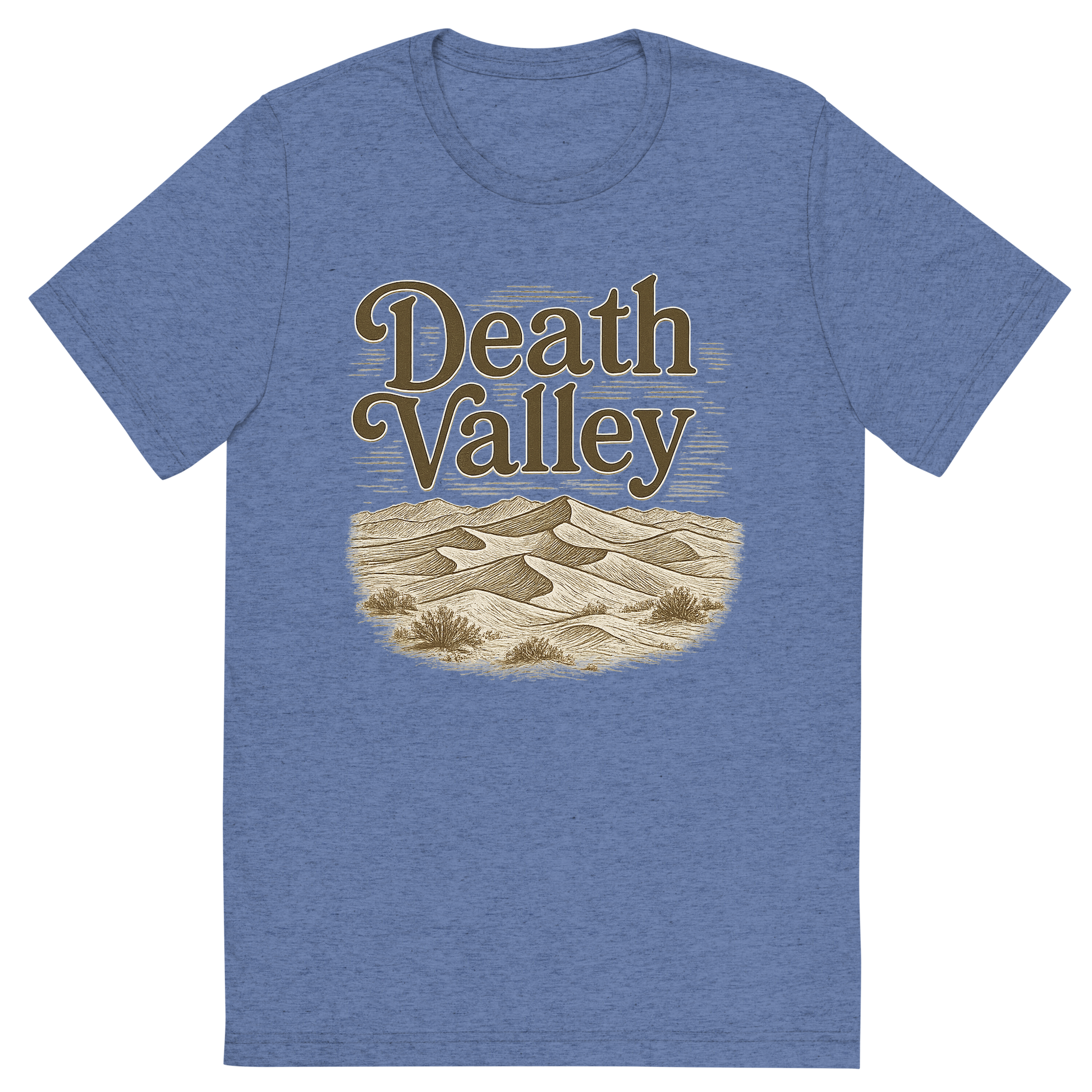Front view of a Premium Tri-Blend Crew Neck T-Shirt in Blue showing 'A typographic, nostalgic graphic of a typographic illustration of the words 'death valley' with a vintage line art drawing of the mesquite flat sand dunes'