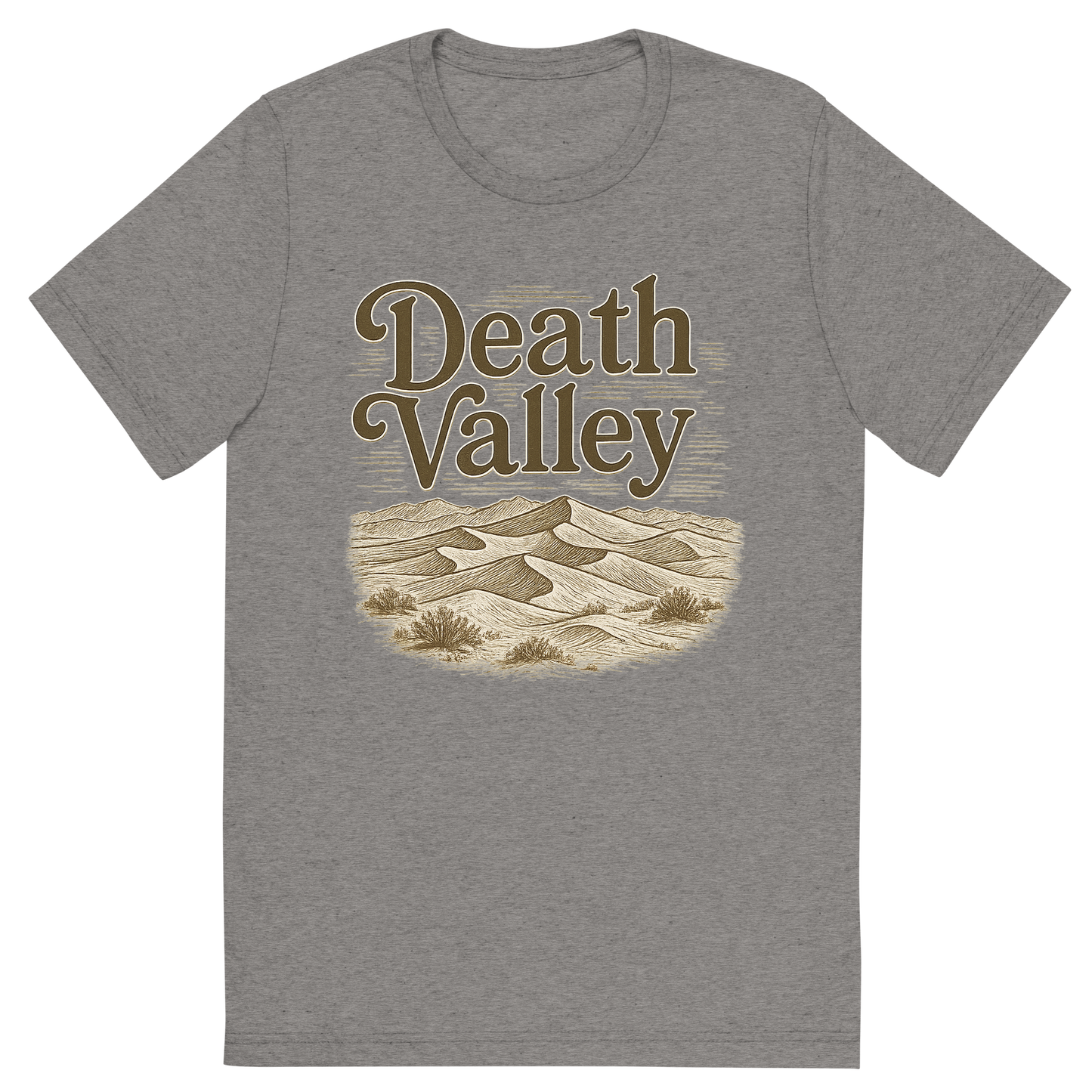 Front view of a Premium Tri-Blend Crew Neck T-Shirt in Grey showing 'A typographic, nostalgic graphic of a typographic illustration of the words 'death valley' with a vintage line art drawing of the mesquite flat sand dunes'