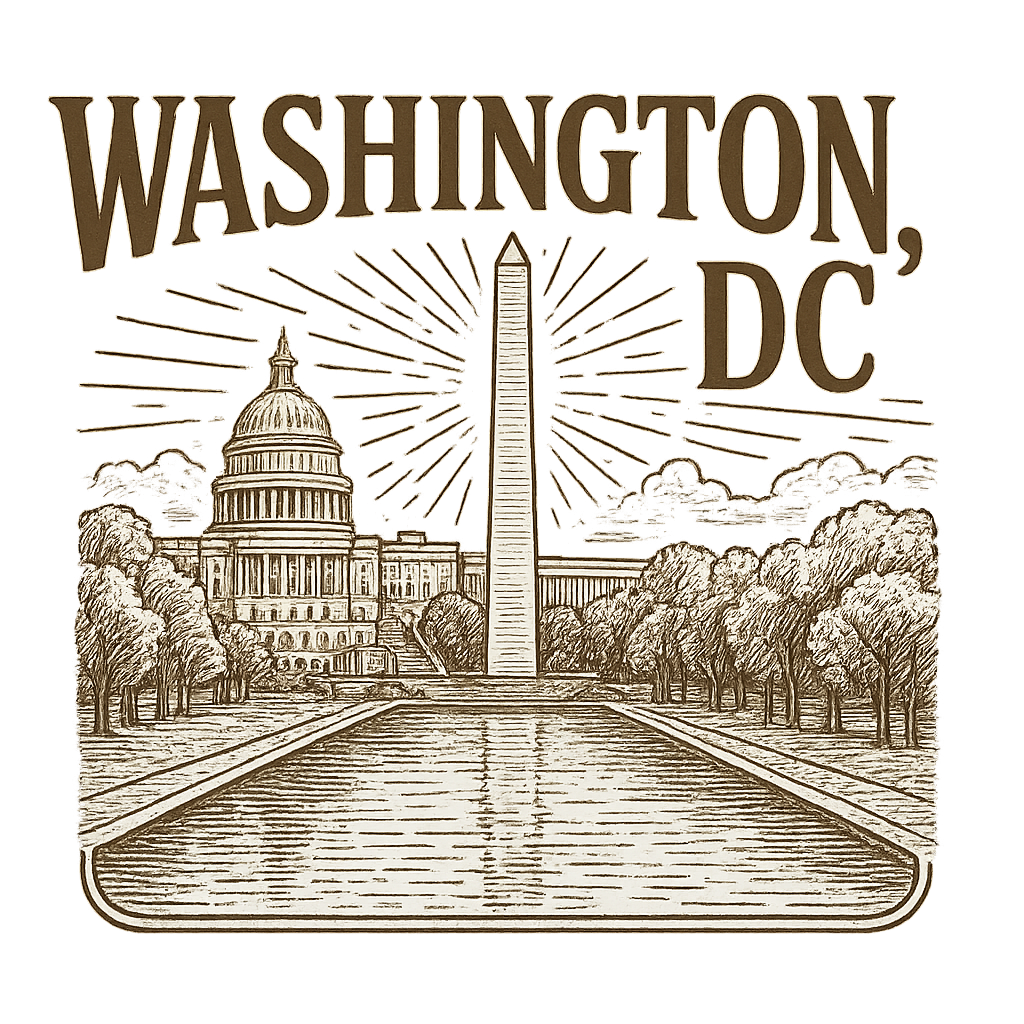 A typographic, nostalgic graphic of a typographic illustration of the words 'washington, dc' with a vintage line art drawing of the national mall – a t-shirt design