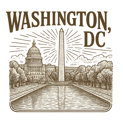 A typographic, nostalgic graphic of a typographic illustration of the words 'washington, dc' with a vintage line art drawing of the national mall – a t-shirt design
