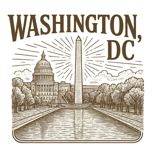 A typographic, nostalgic graphic of a typographic illustration of the words 'washington, dc' with a vintage line art drawing of the national mall – a t-shirt design