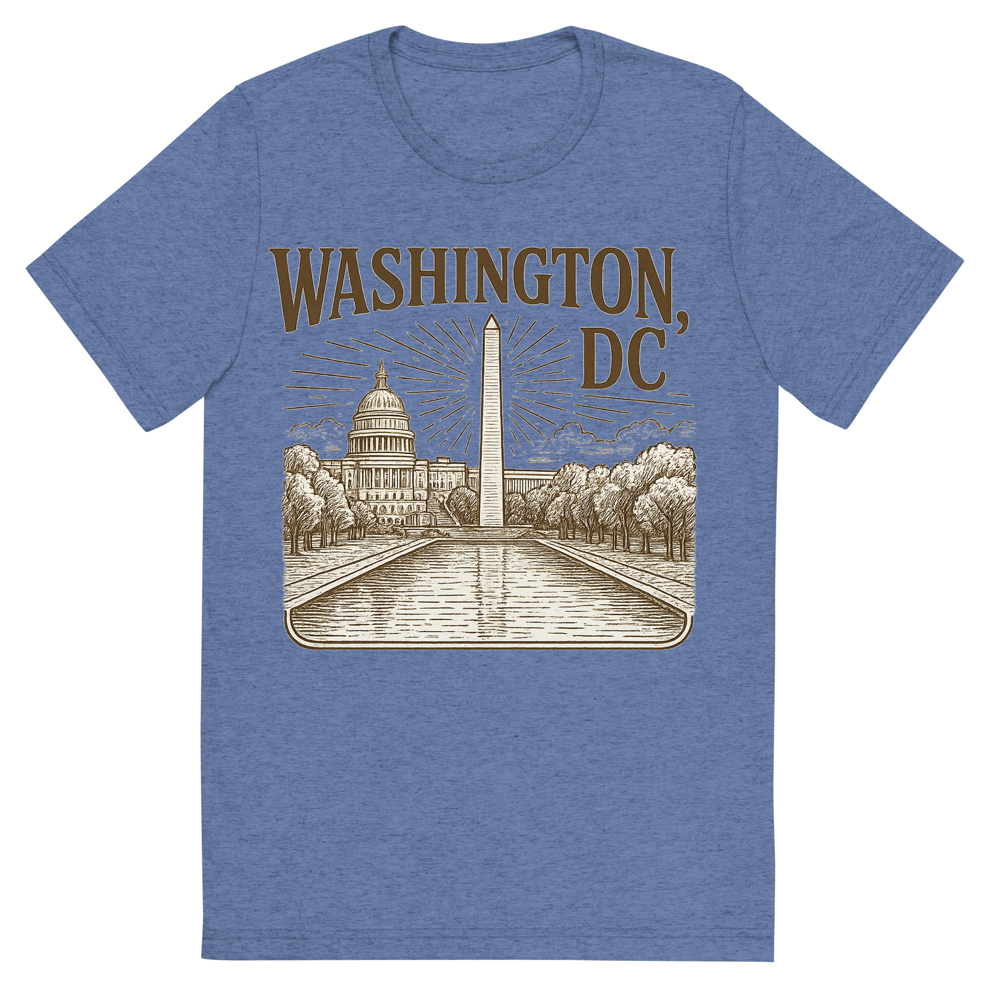 Front view of a Premium Tri-Blend Crew Neck T-Shirt in Blue showing 'A typographic, nostalgic graphic of a typographic illustration of the words 'washington, dc' with a vintage line art drawing of the national mall'