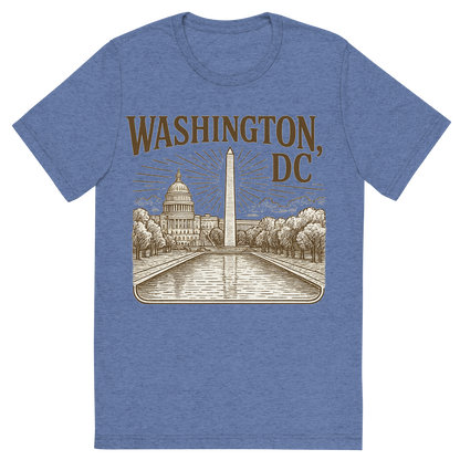 Front view of a Premium Tri-Blend Crew Neck T-Shirt in Blue showing 'A typographic, nostalgic graphic of a typographic illustration of the words 'washington, dc' with a vintage line art drawing of the national mall'