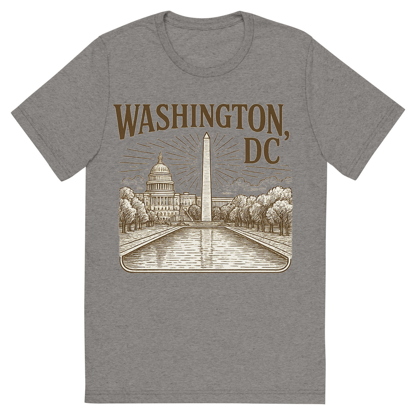 Front view of a Premium Tri-Blend Crew Neck T-Shirt in Grey showing 'A typographic, nostalgic graphic of a typographic illustration of the words 'washington, dc' with a vintage line art drawing of the national mall'
