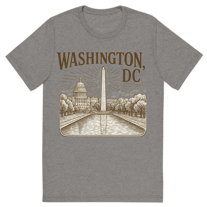 Front view of a Premium Tri-Blend Crew Neck T-Shirt in Grey showing 'A typographic, nostalgic graphic of a typographic illustration of the words 'washington, dc' with a vintage line art drawing of the national mall'