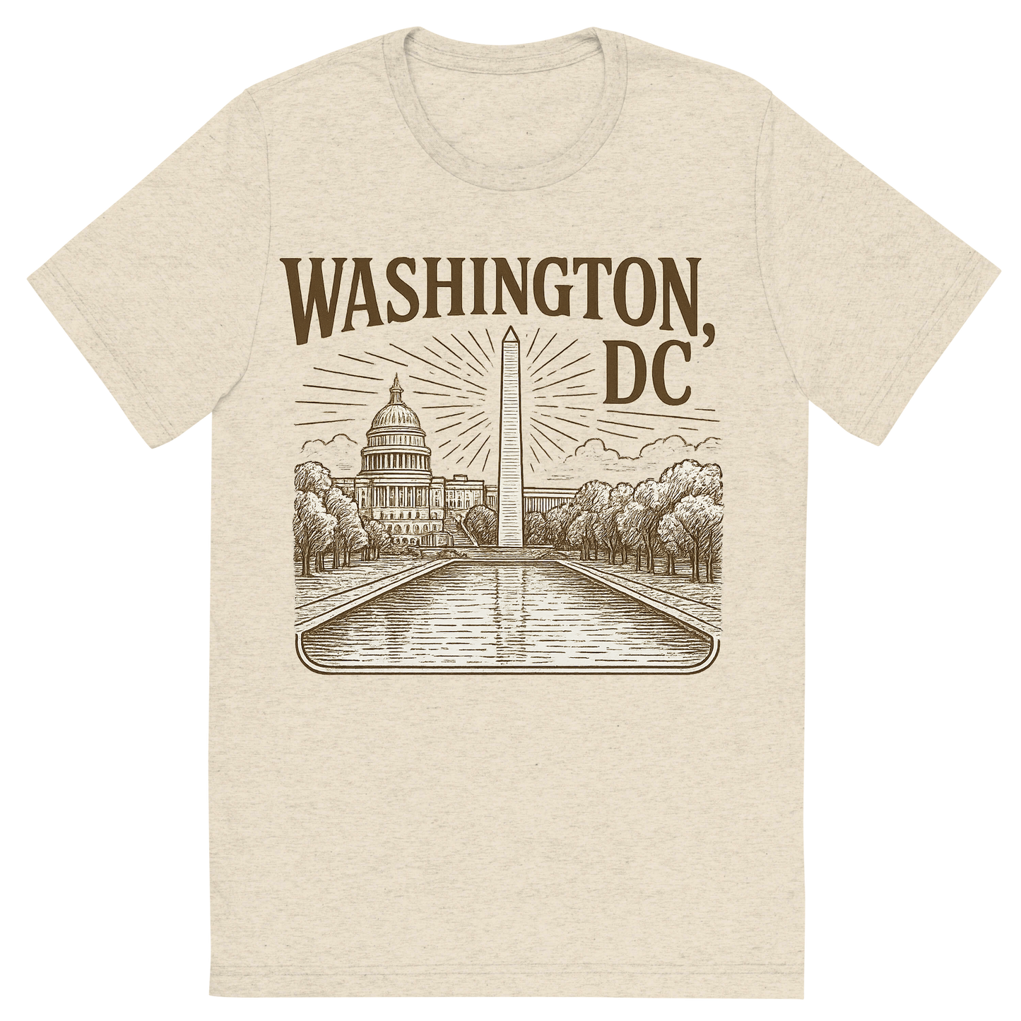 Front view of a Premium Tri-Blend Crew Neck T-Shirt in Oatmeal showing 'A typographic, nostalgic graphic of a typographic illustration of the words 'washington, dc' with a vintage line art drawing of the national mall'