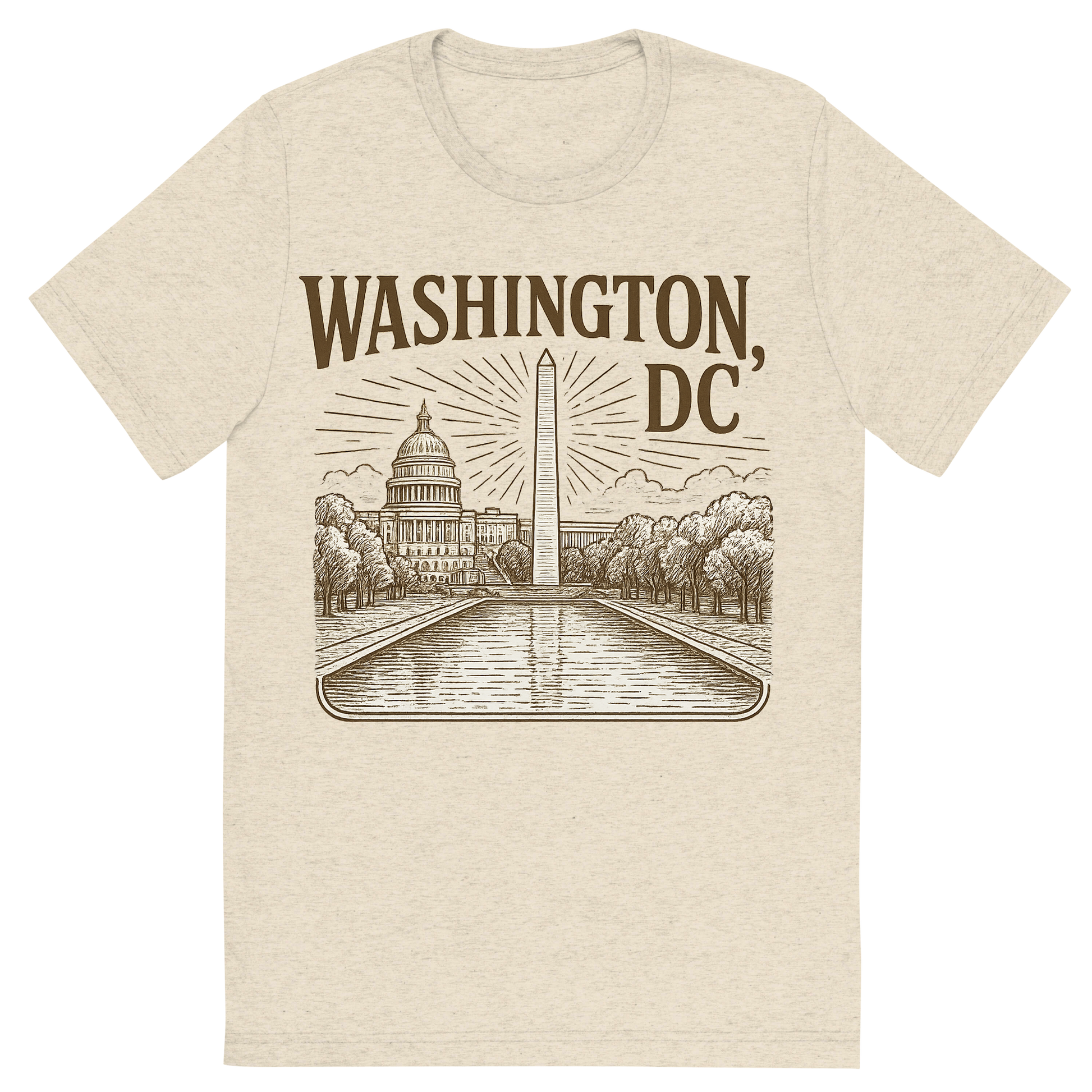 Front view of a Premium Tri-Blend Crew Neck T-Shirt in Oatmeal showing 'A typographic, nostalgic graphic of a typographic illustration of the words 'washington, dc' with a vintage line art drawing of the national mall'