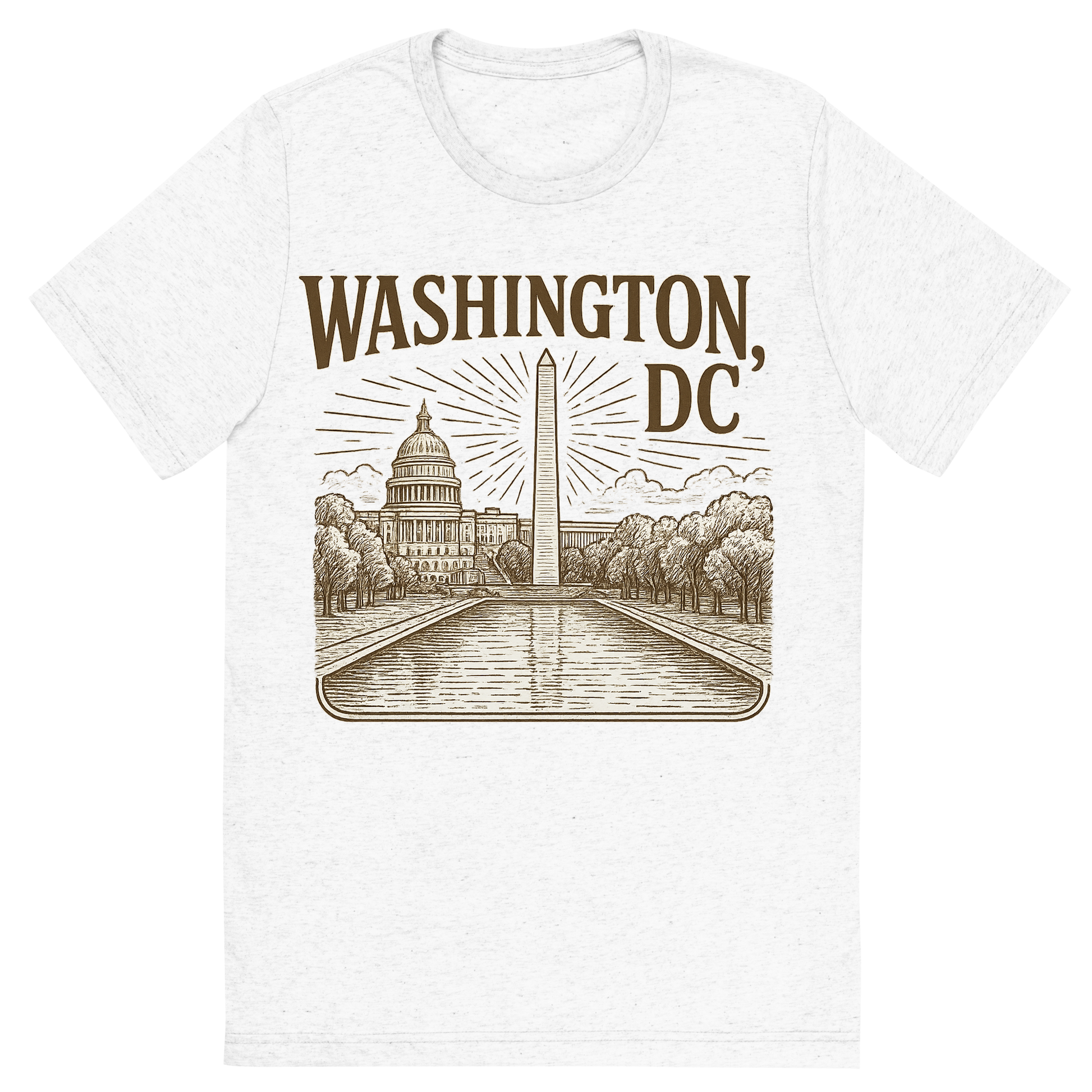 Front view of a Premium Tri-Blend Crew Neck T-Shirt in Solid White showing 'A typographic, nostalgic graphic of a typographic illustration of the words 'washington, dc' with a vintage line art drawing of the national mall'
