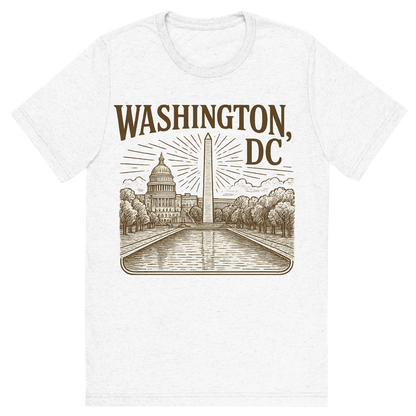 Front view of a Premium Tri-Blend Crew Neck T-Shirt in Solid White showing 'A typographic, nostalgic graphic of a typographic illustration of the words 'washington, dc' with a vintage line art drawing of the national mall'